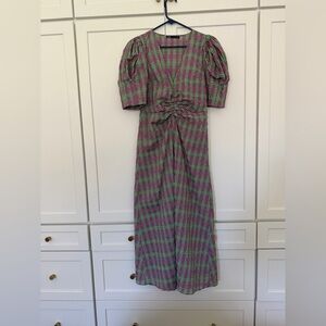 ZARA Pink & Green Plaid Midi Dress – Puff Sleeve – M
